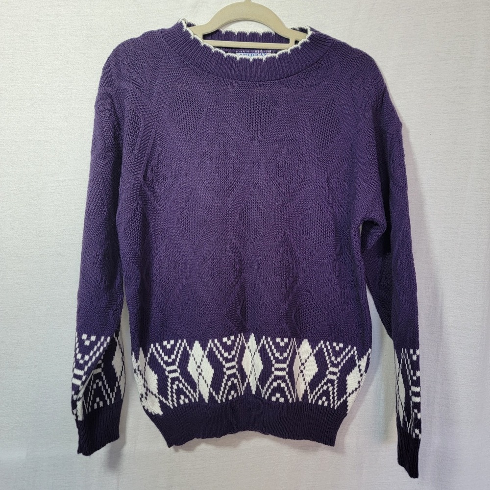 Vtg‎ USA Made American Pride Sweater Lrg Purple White Argyle Pattern Acrylic 90s